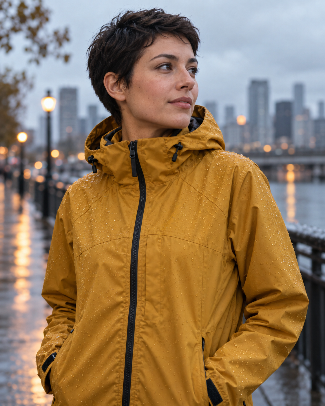 Jaqueta sob chuva urbana — imagem gerada a partir do prompt TANLABS.