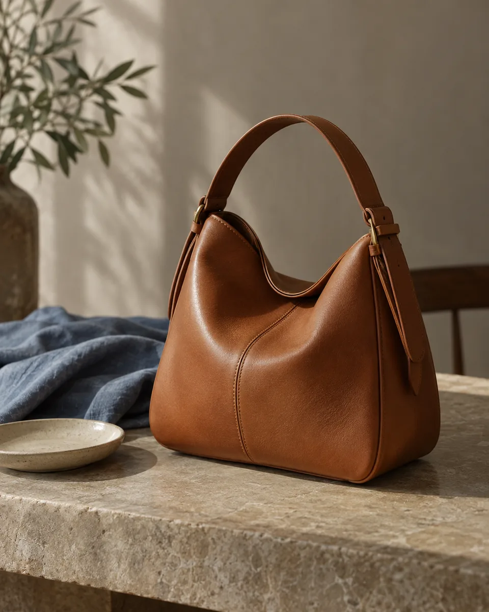Bolsa, linho e cerâmica — imagem gerada a partir do prompt TANLABS.