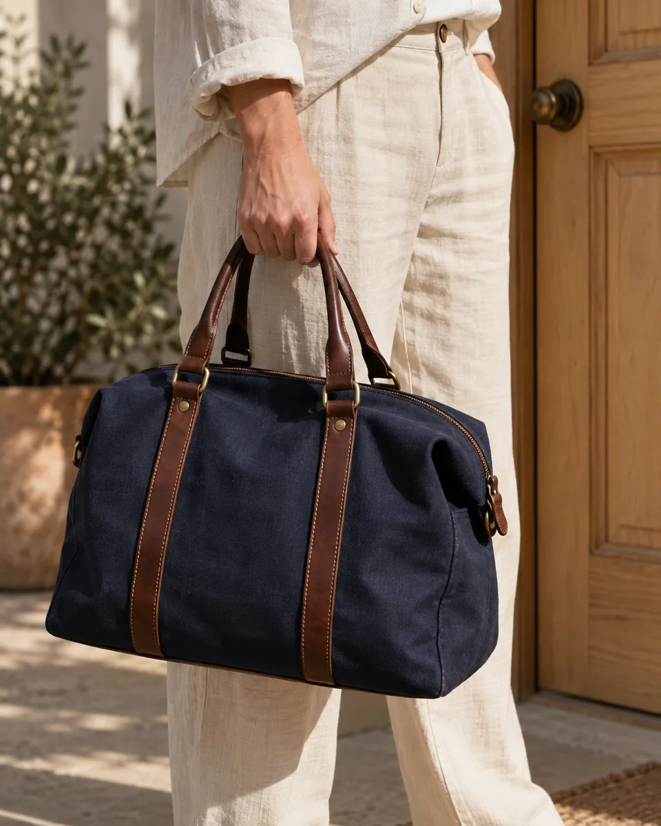 Bolsa de lona em gesto cotidiano — imagem gerada a partir do prompt TANLABS.