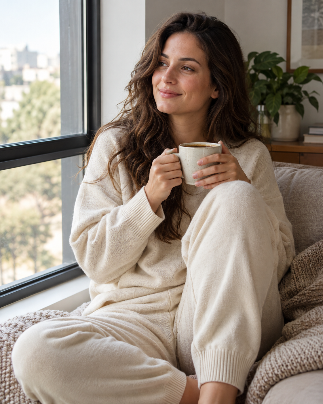 Café à janela em roupa confortável — imagem gerada por IA.