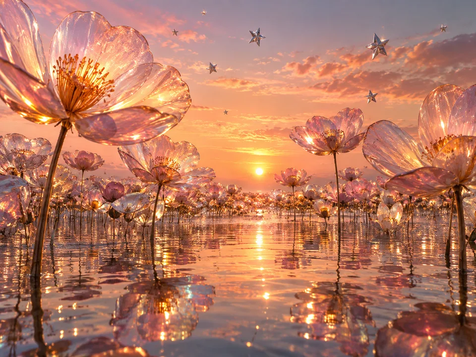 Flores de vidro ao entardecer — imagem gerada por IA.