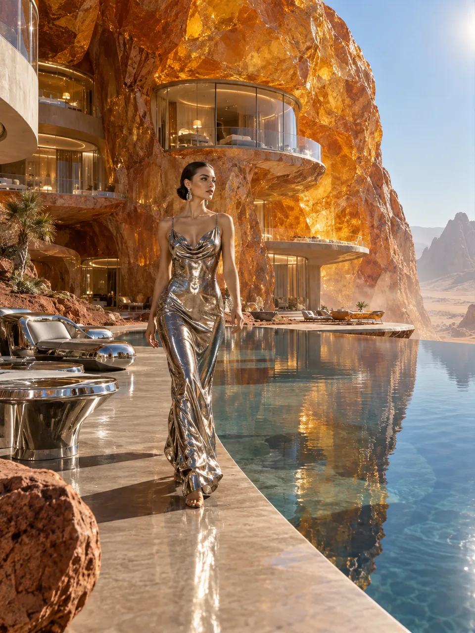 Hotel de âmbar no deserto — imagem gerada por IA.