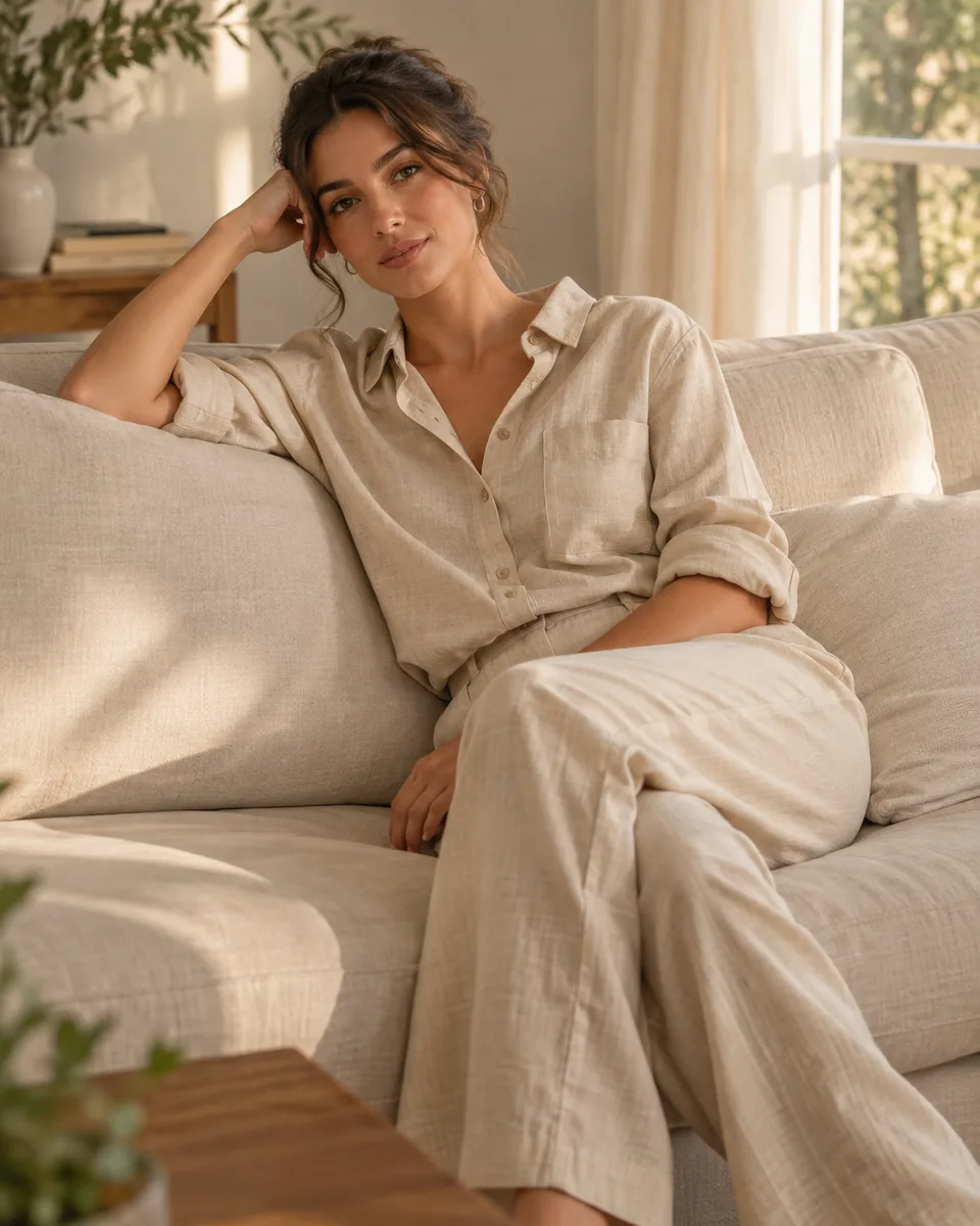 Look relaxado no sofá de linho — imagem gerada por IA.