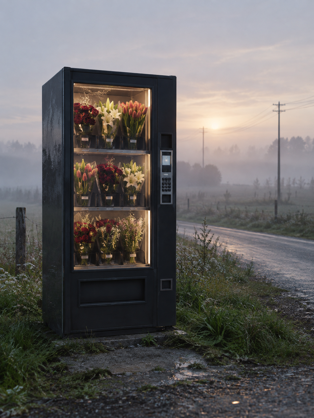 Máquina de flores na estrada — imagem gerada por IA.