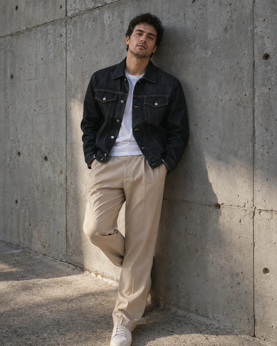 Pose casual em parede de concreto — imagem gerada por IA.