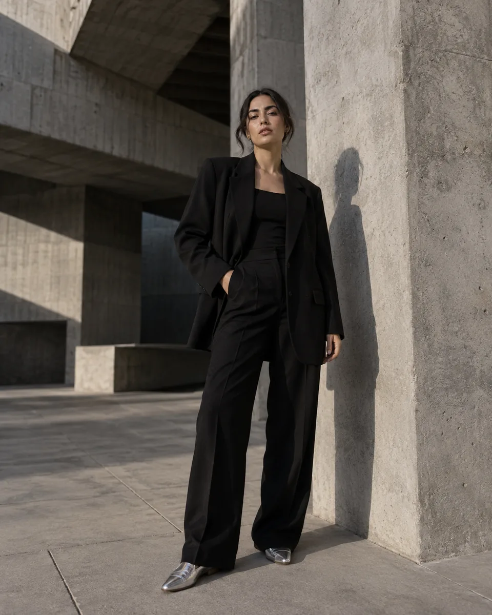 Pose entre volumes de concreto — imagem gerada por IA.