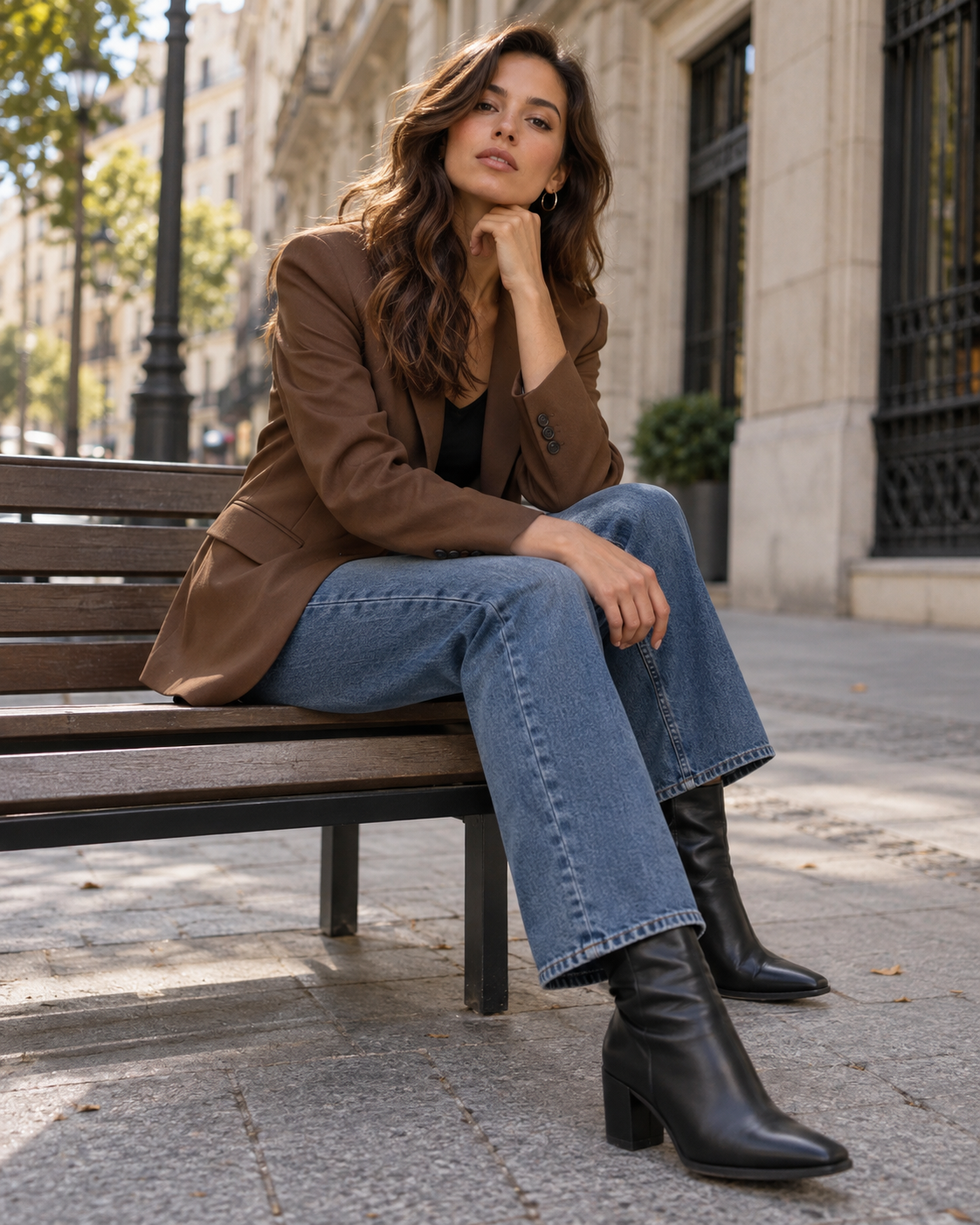 Pose sentada na cidade — imagem gerada por IA.