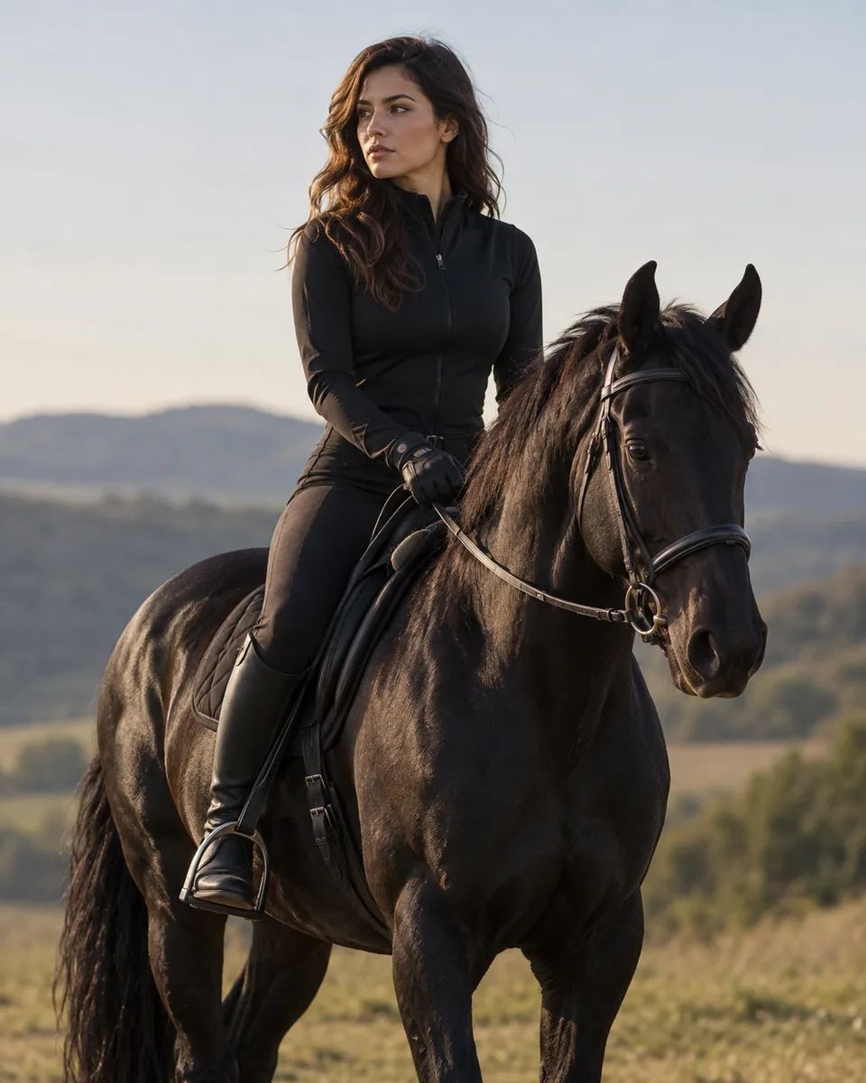 Retrato a cavalo em preto — imagem gerada por IA.