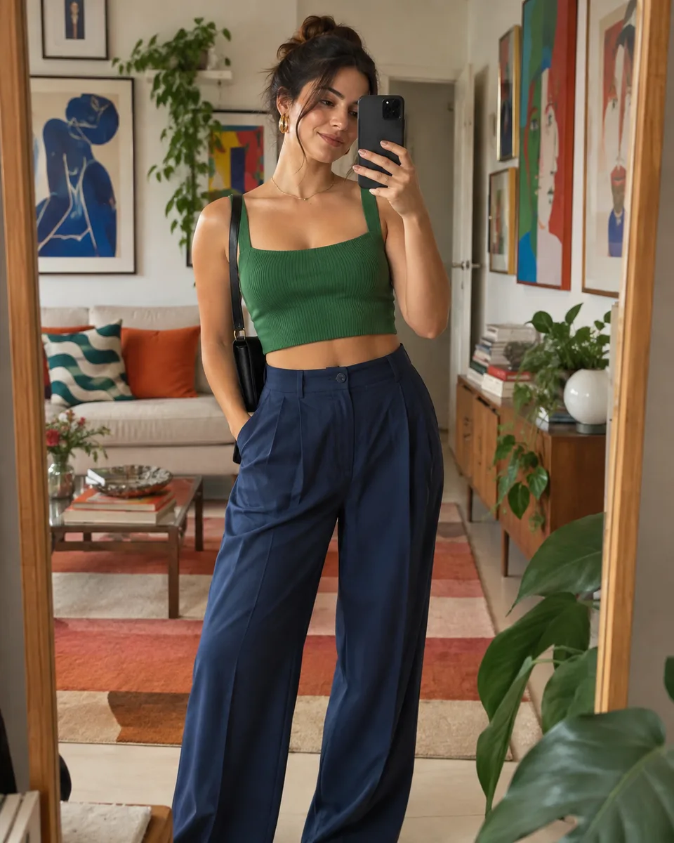 Selfie no apartamento artístico — imagem gerada por IA.