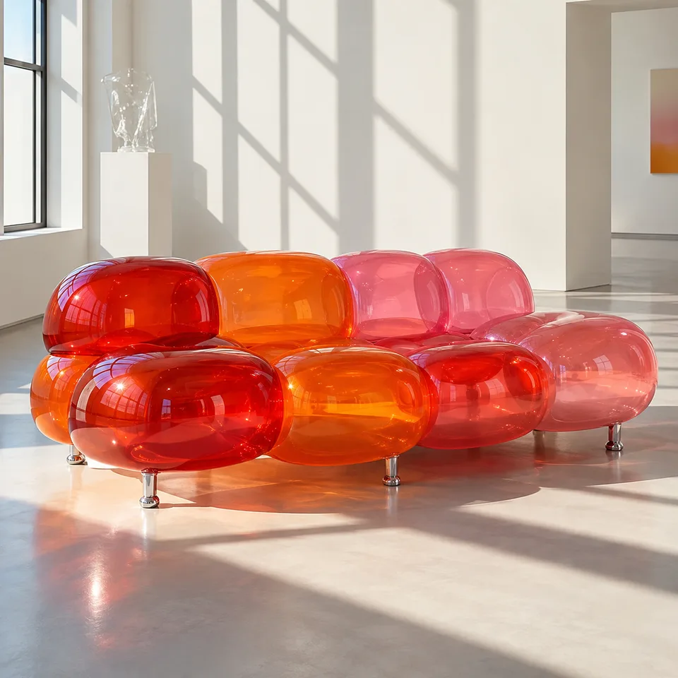 Sofá translúcido em galeria branca — imagem gerada por IA.