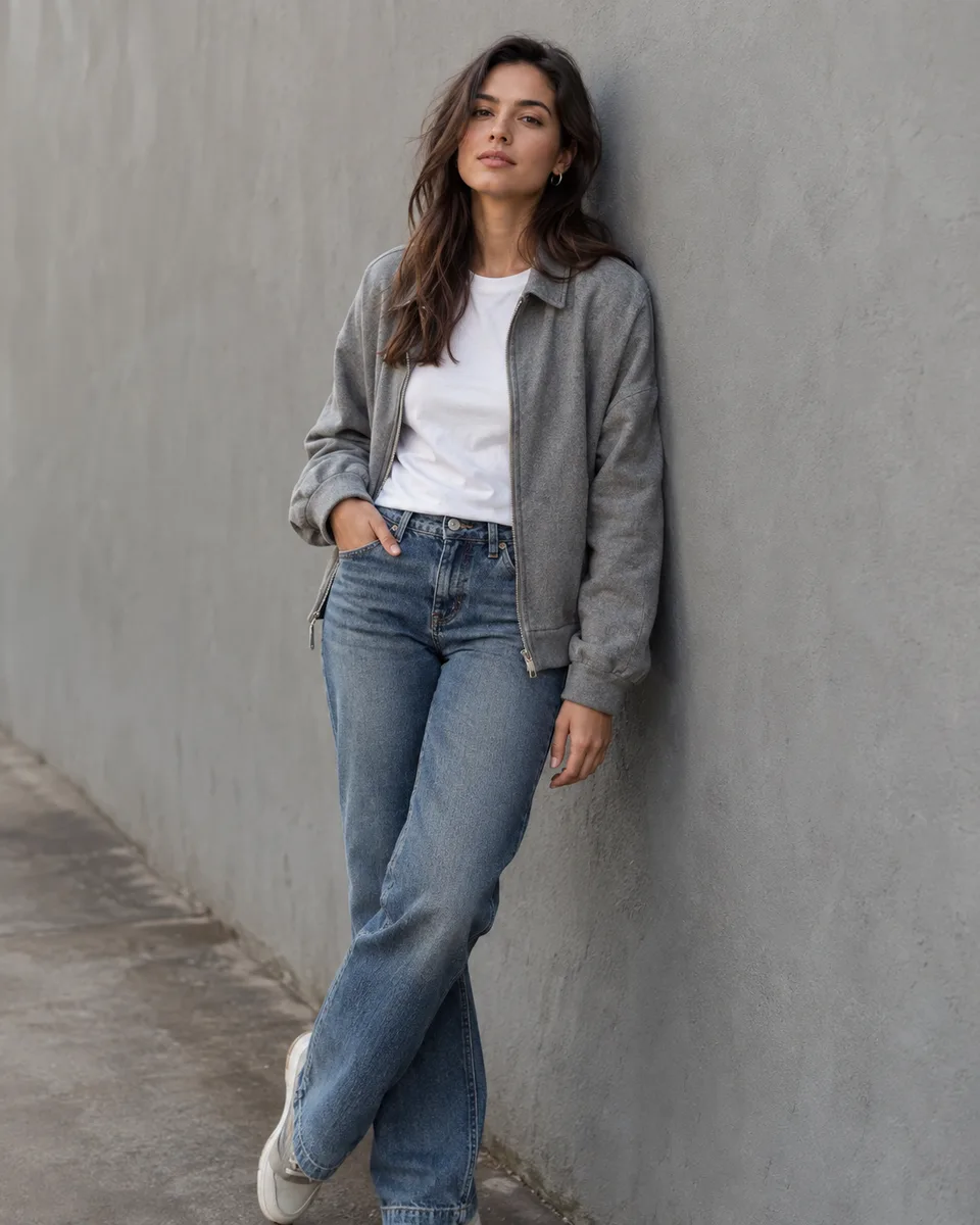 Street style com olhar distraído — imagem gerada por IA.