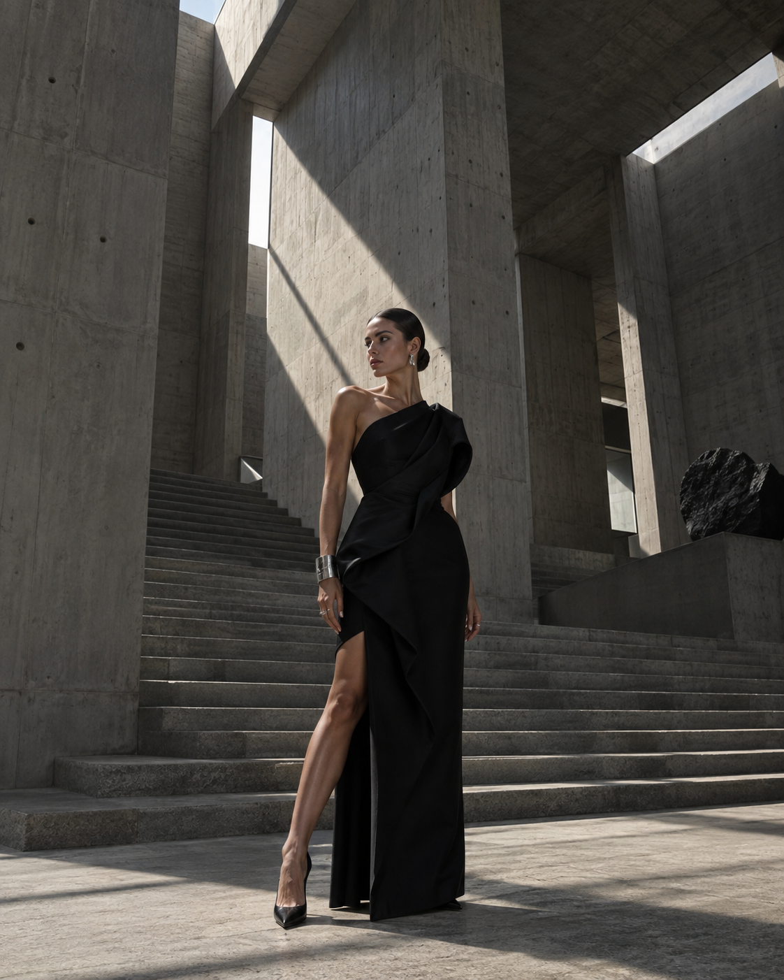 Vestido escultural na vila brutalista — imagem gerada por IA.