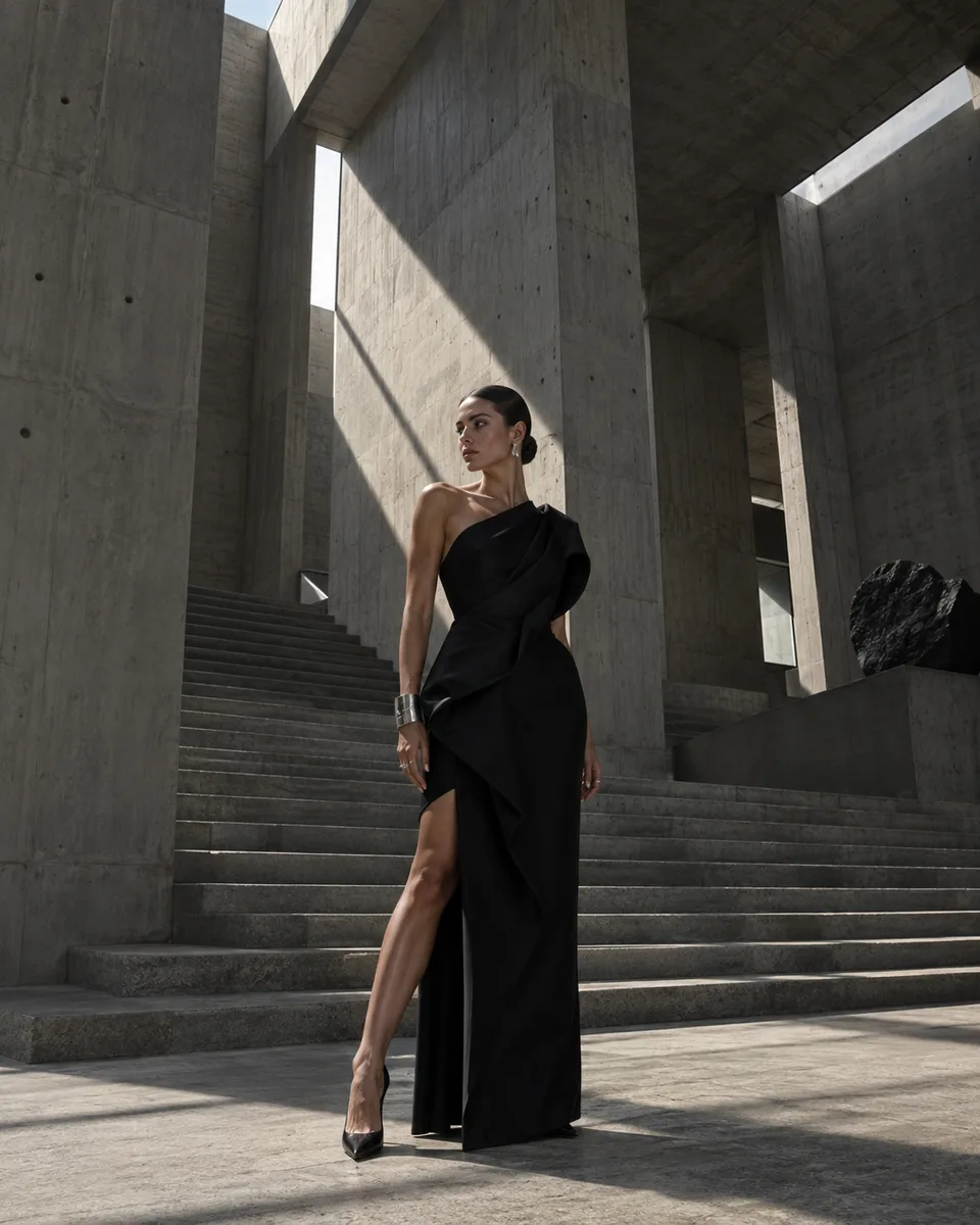 Vestido escultural na vila brutalista — imagem gerada por IA.