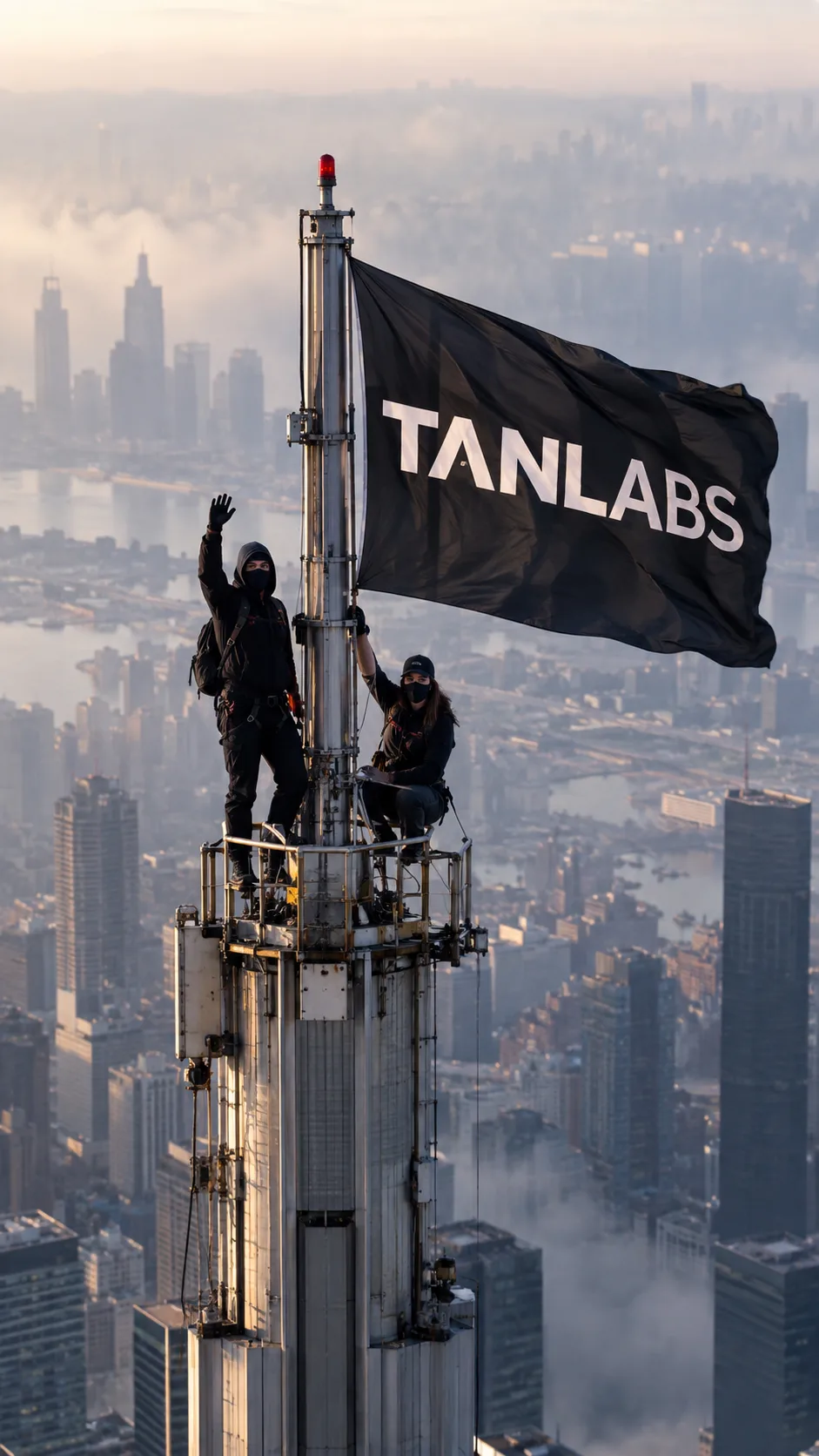 bandeira no alto da cidade — imagem gerada por IA.