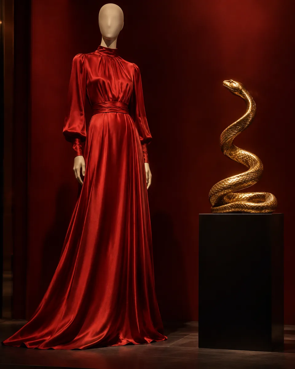 cetim carmesim e serpente — imagem gerada por IA.