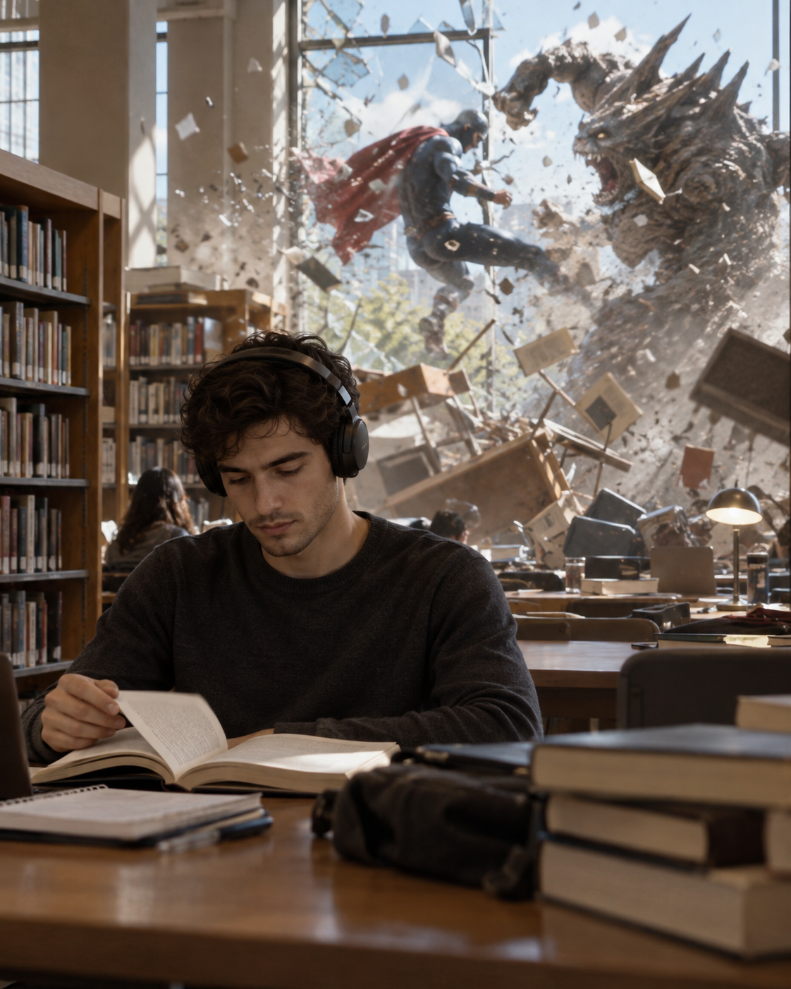 leitura durante a batalha — imagem gerada por IA.