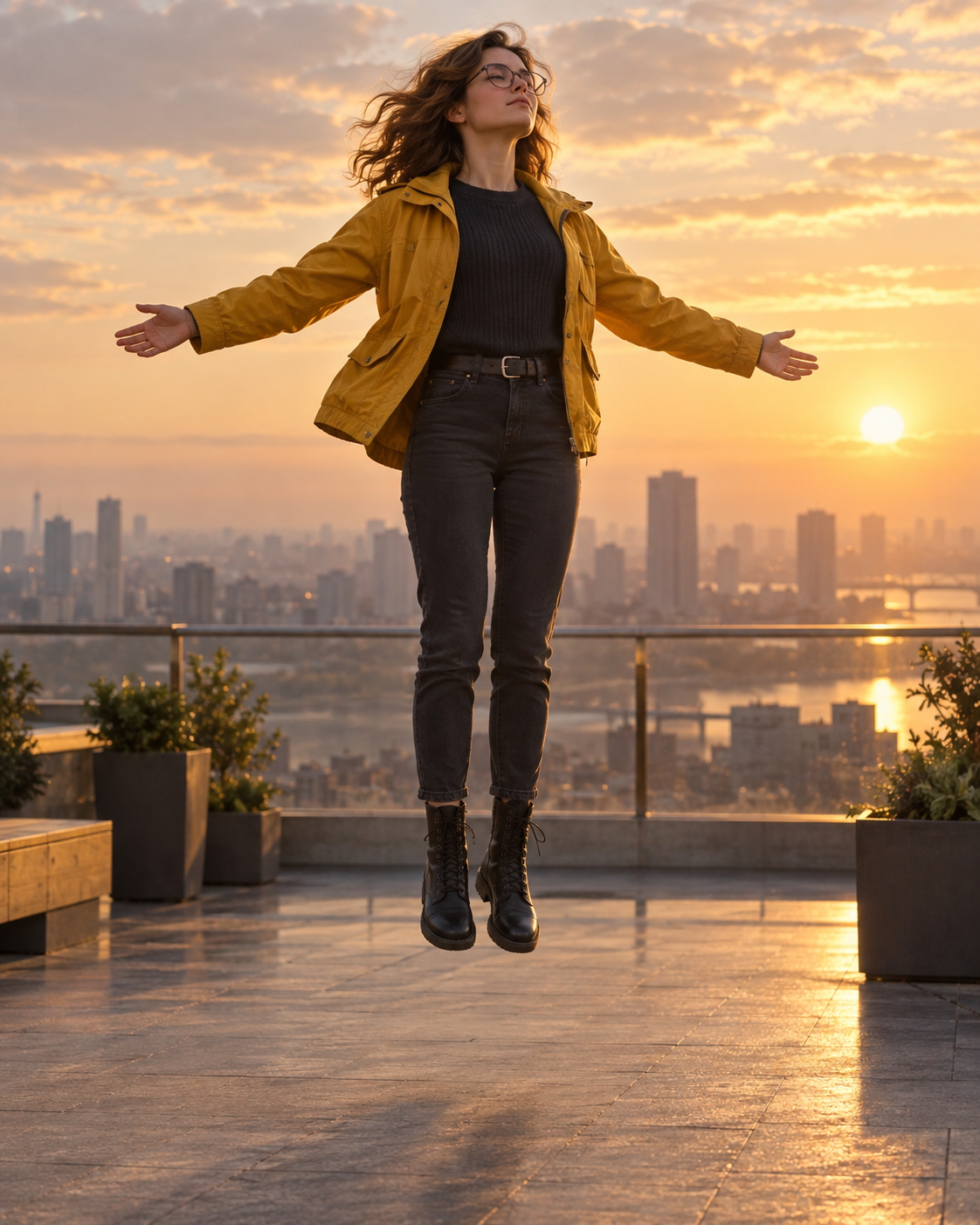 levitação no terraço — imagem gerada por IA.