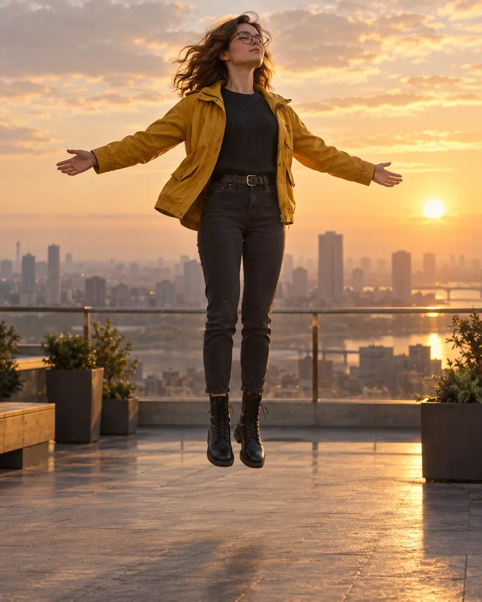 levitação no terraço — imagem gerada por IA.