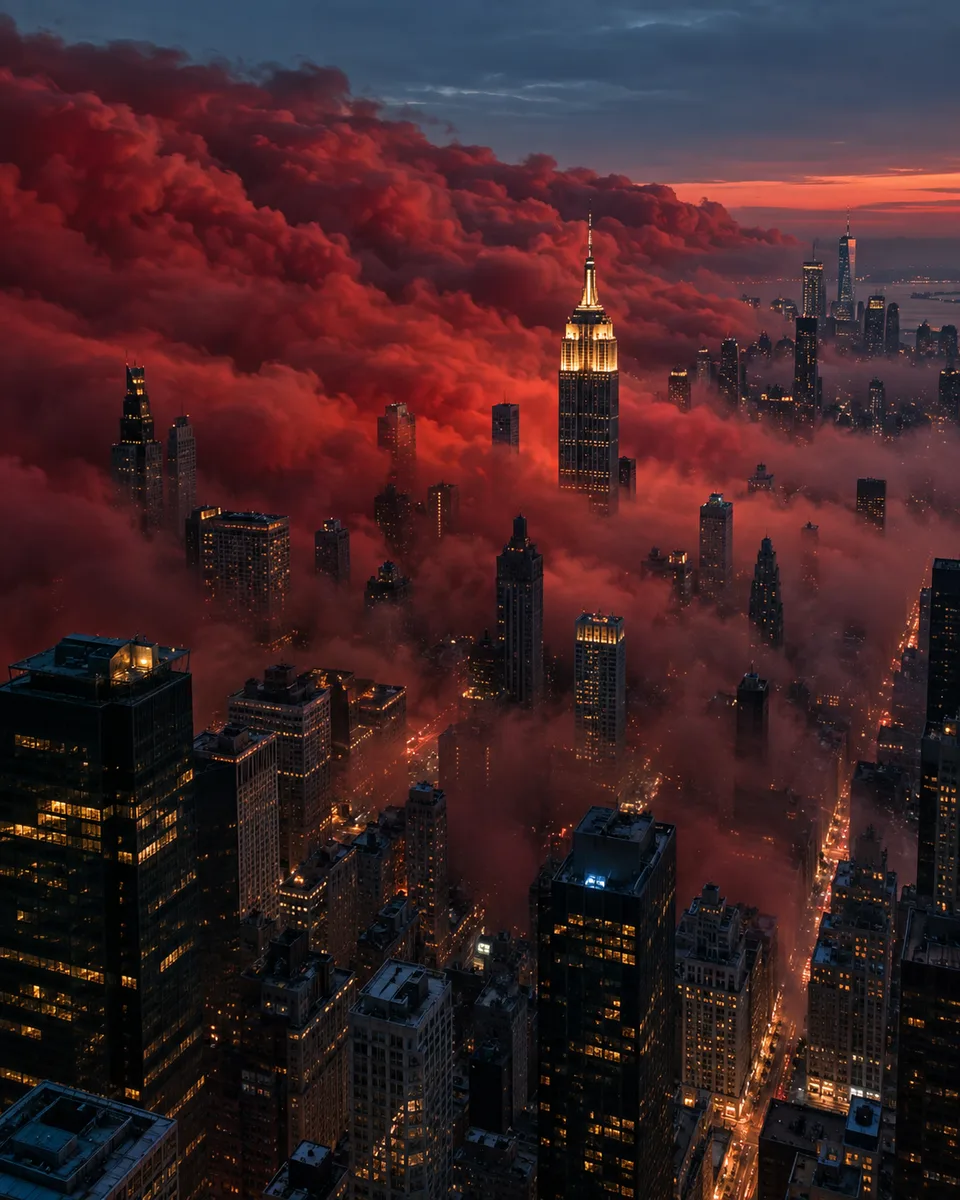 nuvem vermelha sobre a cidade — imagem gerada por IA.