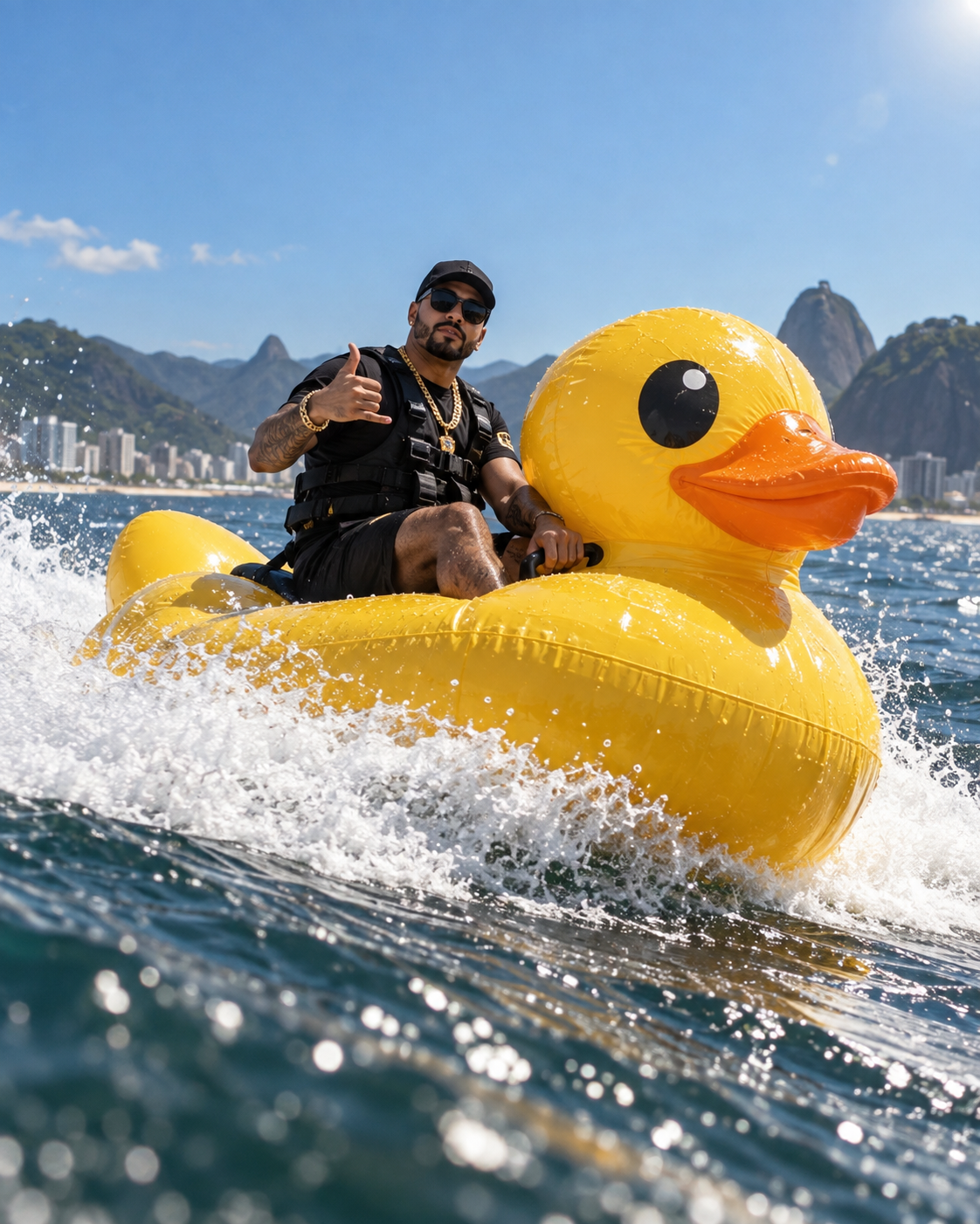 pato inflável em velocidade — imagem gerada por IA.