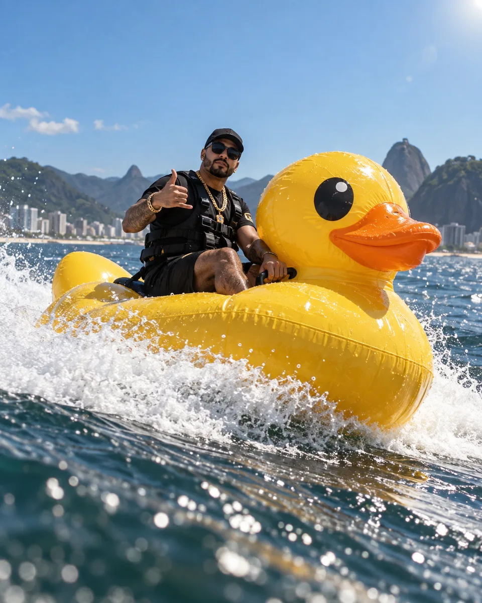 pato inflável em velocidade — imagem gerada por IA.