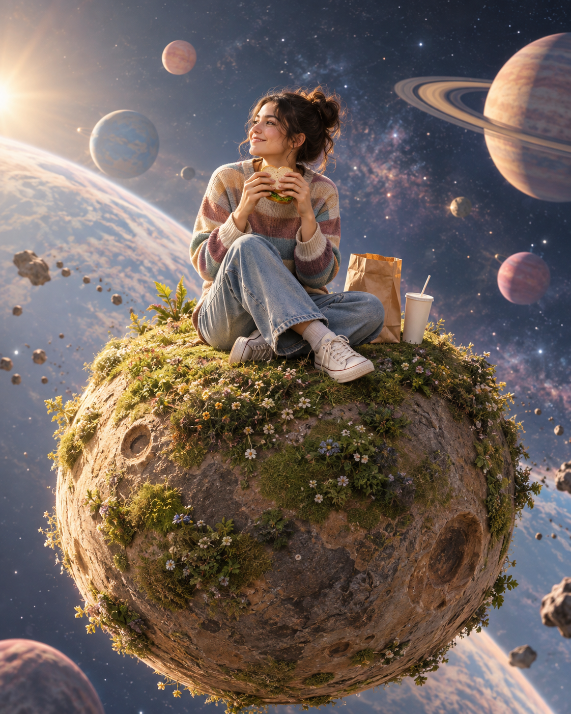 piquenique no pequeno planeta — imagem gerada por IA.