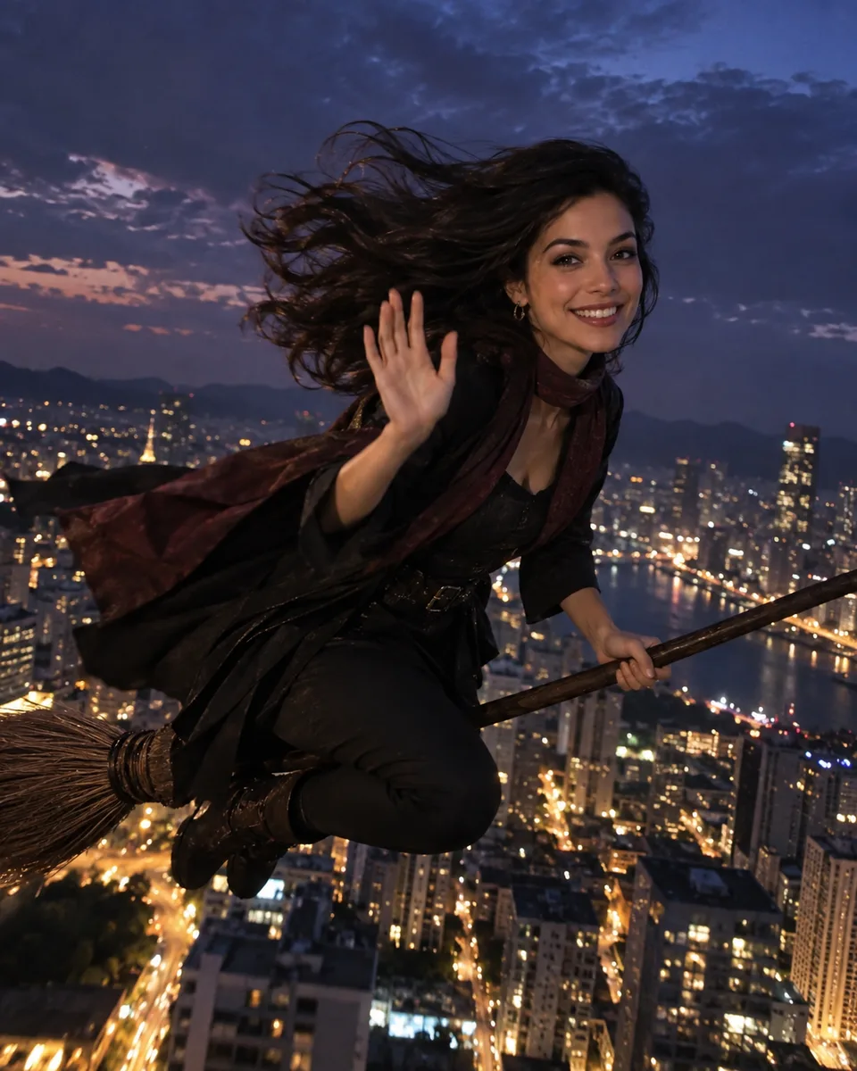 voo de vassoura no crepúsculo — imagem gerada por IA.