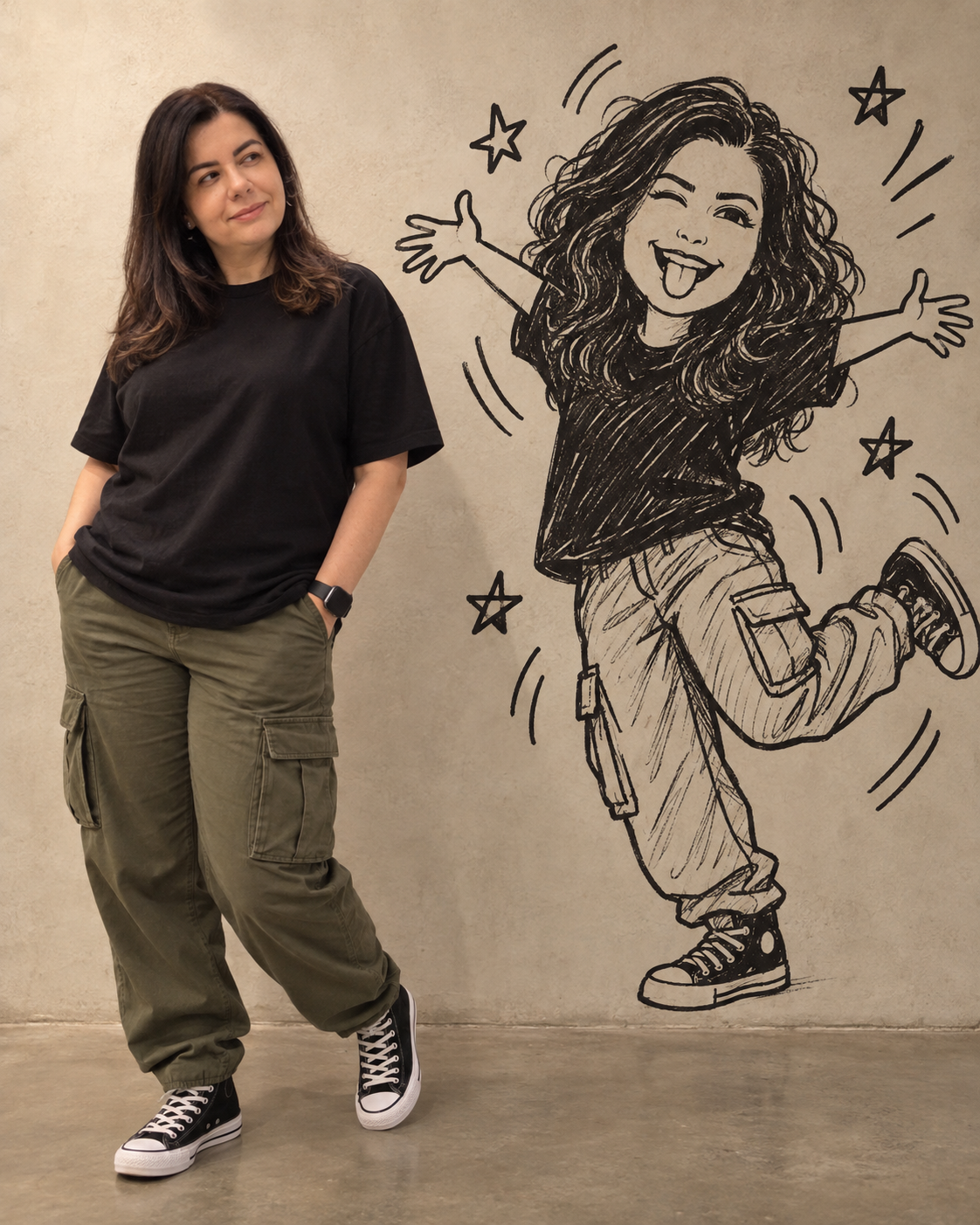 Mulher em um estúdio bege ao lado de uma versão dela desenhada em doodle preto.