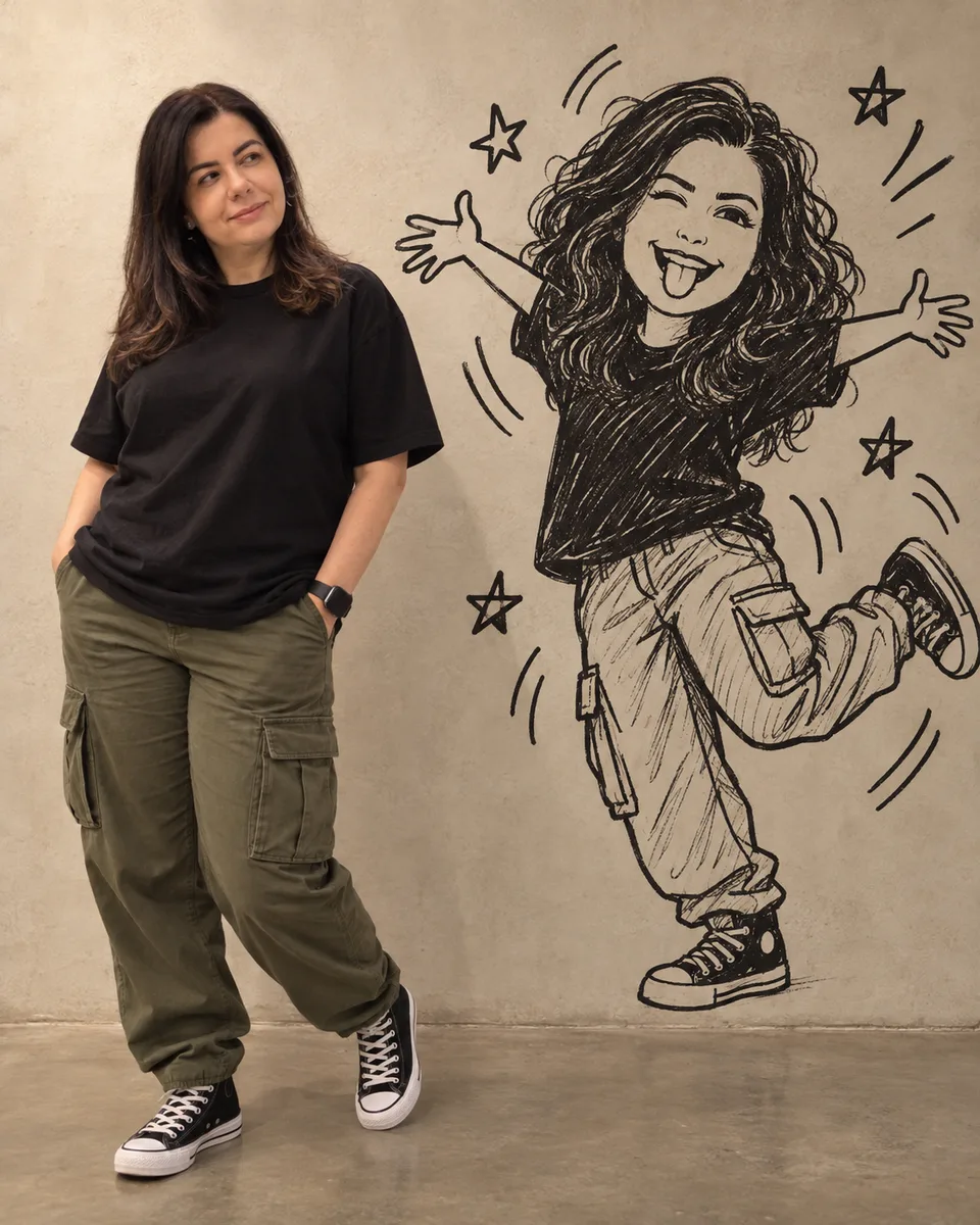 Mulher em um estúdio bege ao lado de uma versão dela desenhada em doodle preto.