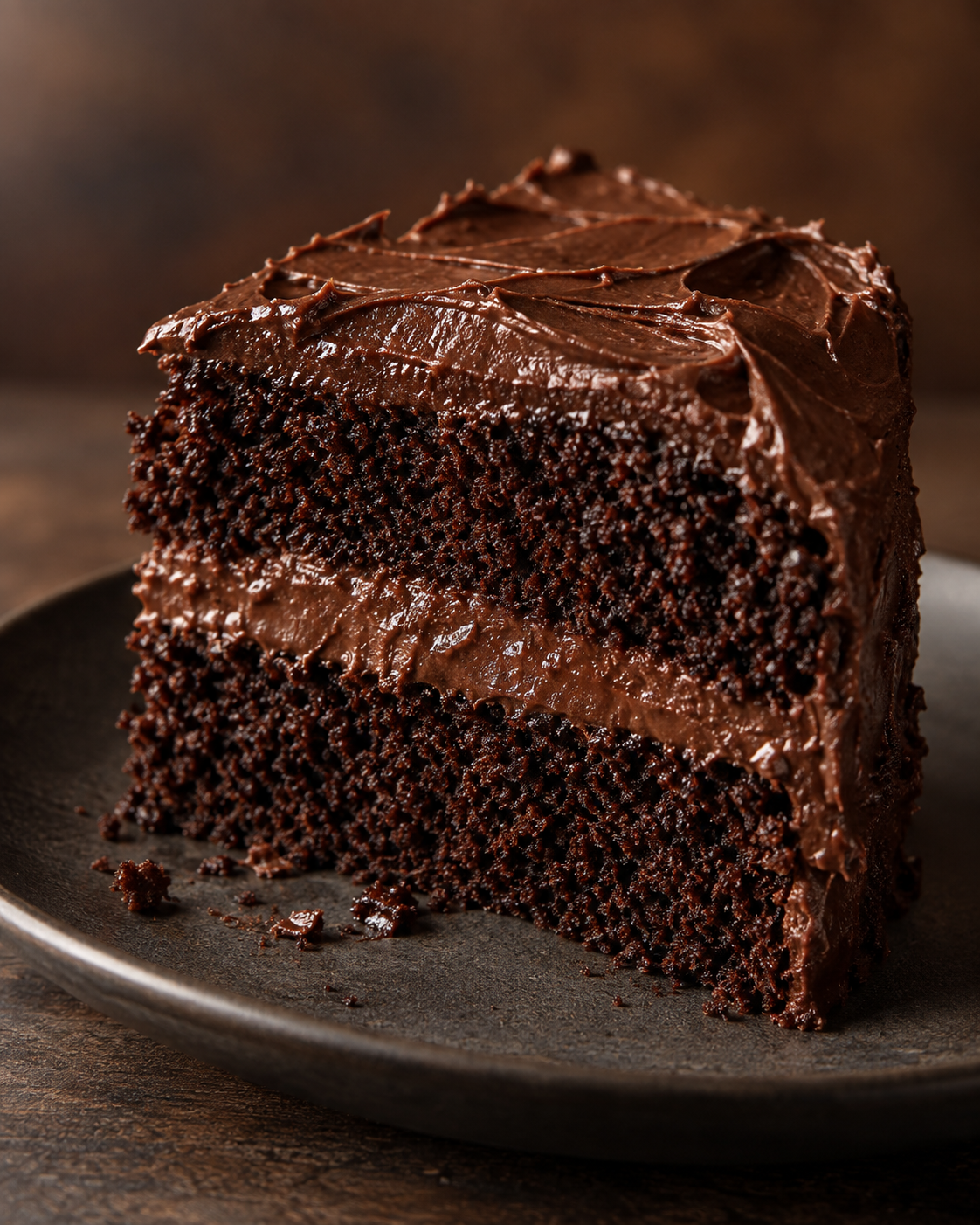 Fatia de bolo de chocolate sobre um prato de cerâmica escura.