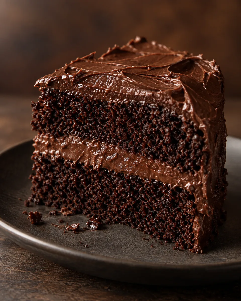 Fatia de bolo de chocolate sobre um prato de cerâmica escura.