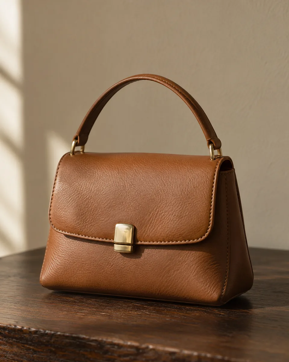 Bolsa de couro caramelo apoiada em uma bancada de madeira.