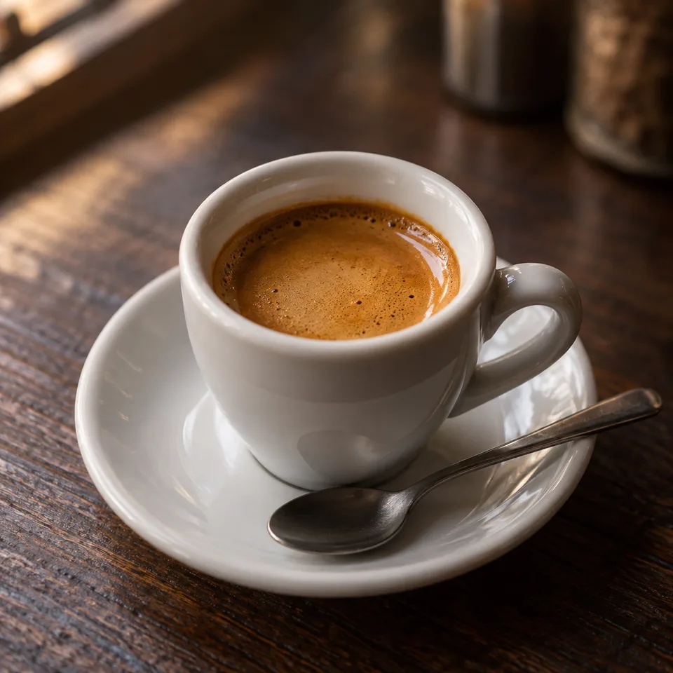 Xícara pequena de espresso com crema dourada sobre um balcão de madeira.