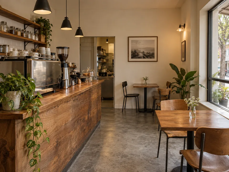 Interior de uma cafeteria pequena com balcão de madeira e mesas vazias.