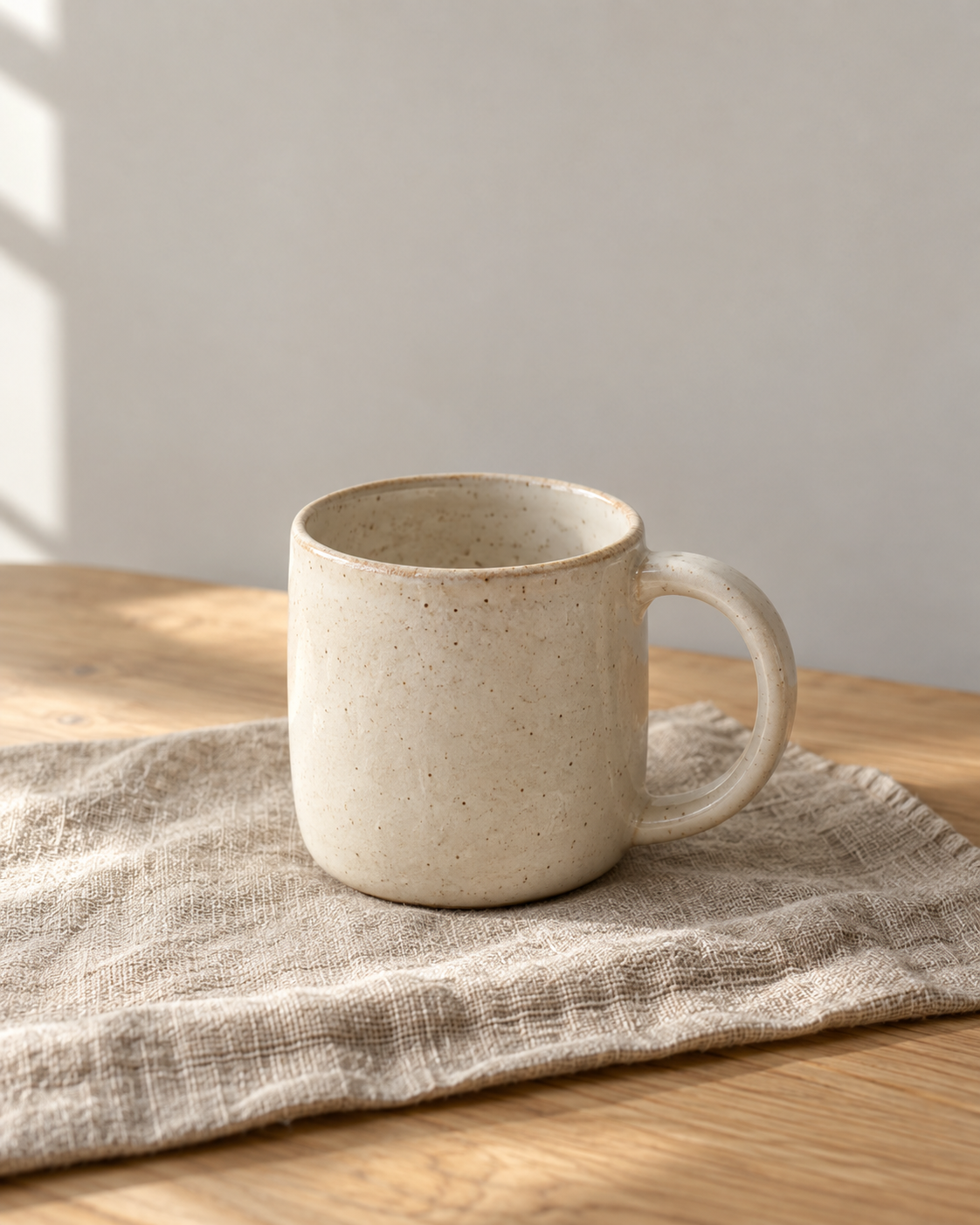 Caneca de cerâmica creme sobre linho e uma mesa clara.