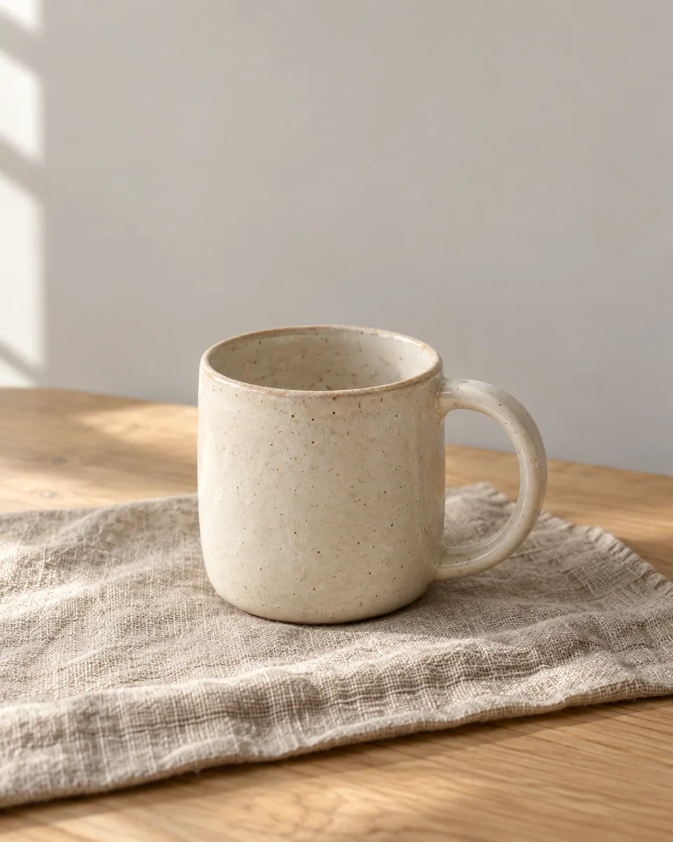 Caneca de cerâmica creme sobre linho e uma mesa clara.