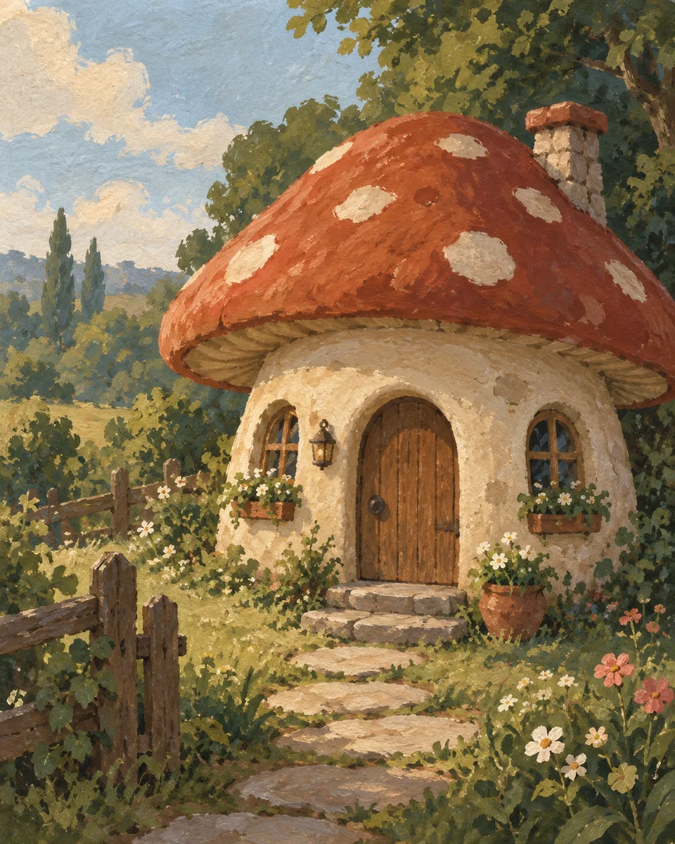 Casa em forma de cogumelo em um jardim ilustrado com guache.