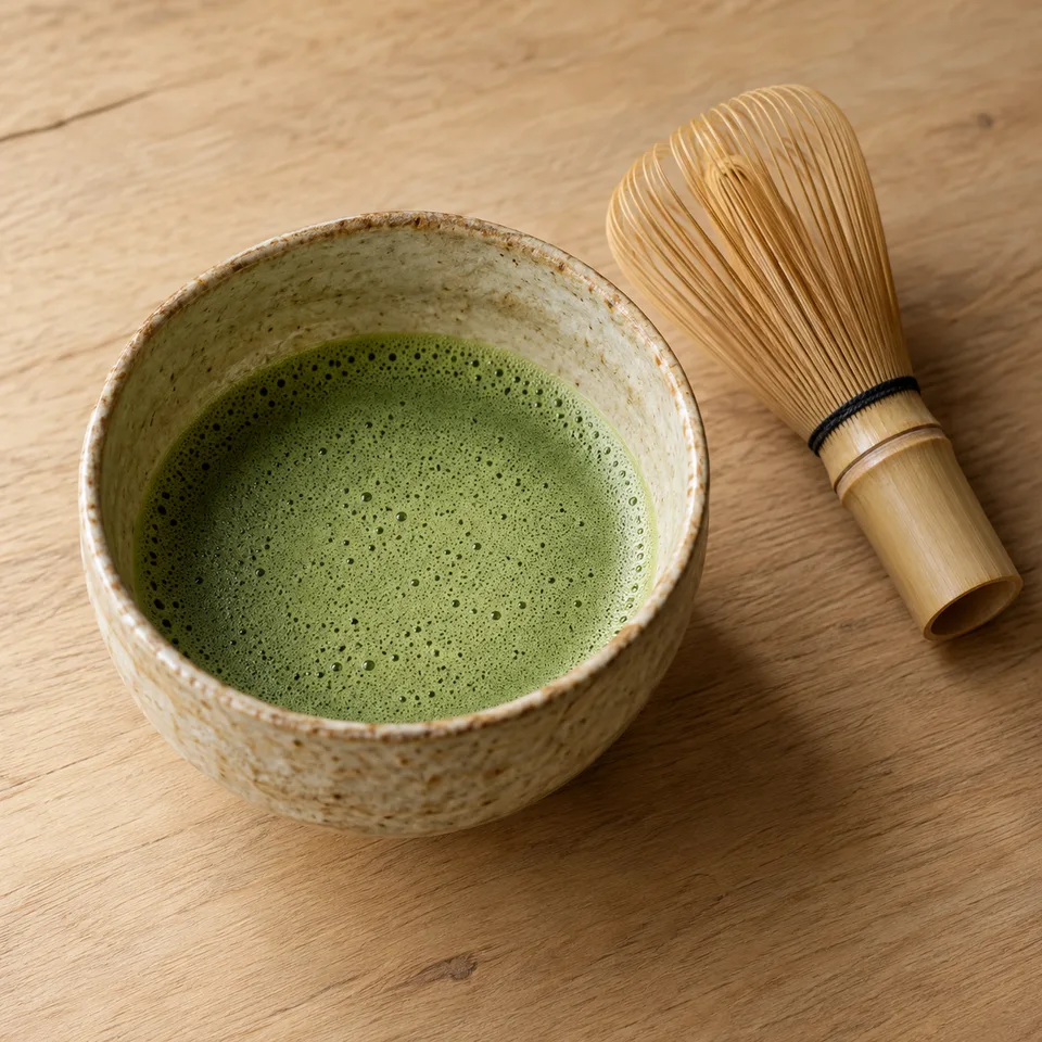 Tigela de cerâmica com matcha e batedor de bambu ao lado.
