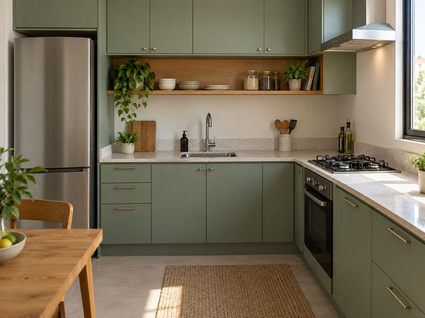 Cozinha com armários verdes, bancada clara e detalhes em madeira.
