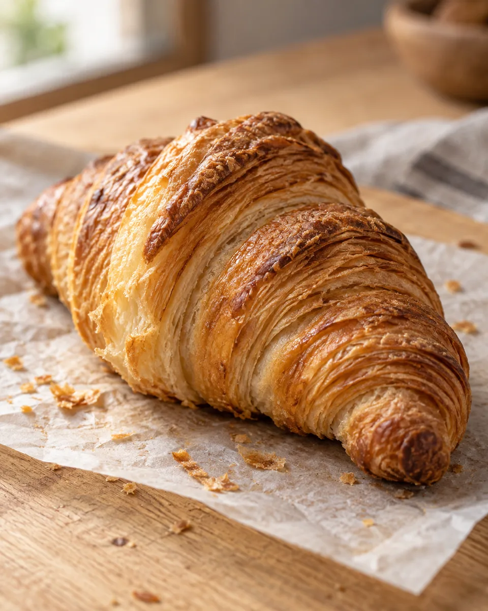 Croissant dourado sobre papel em uma bancada de padaria.