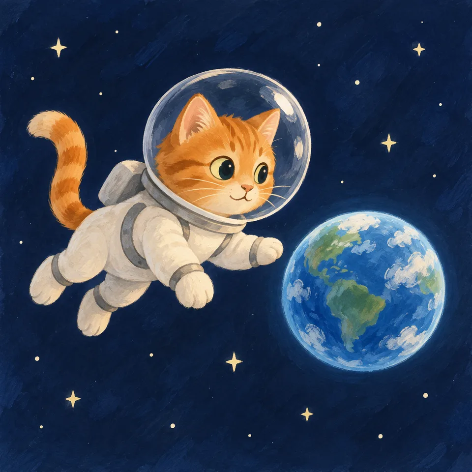 Gato ilustrado com traje de astronauta flutuando perto de um planeta.