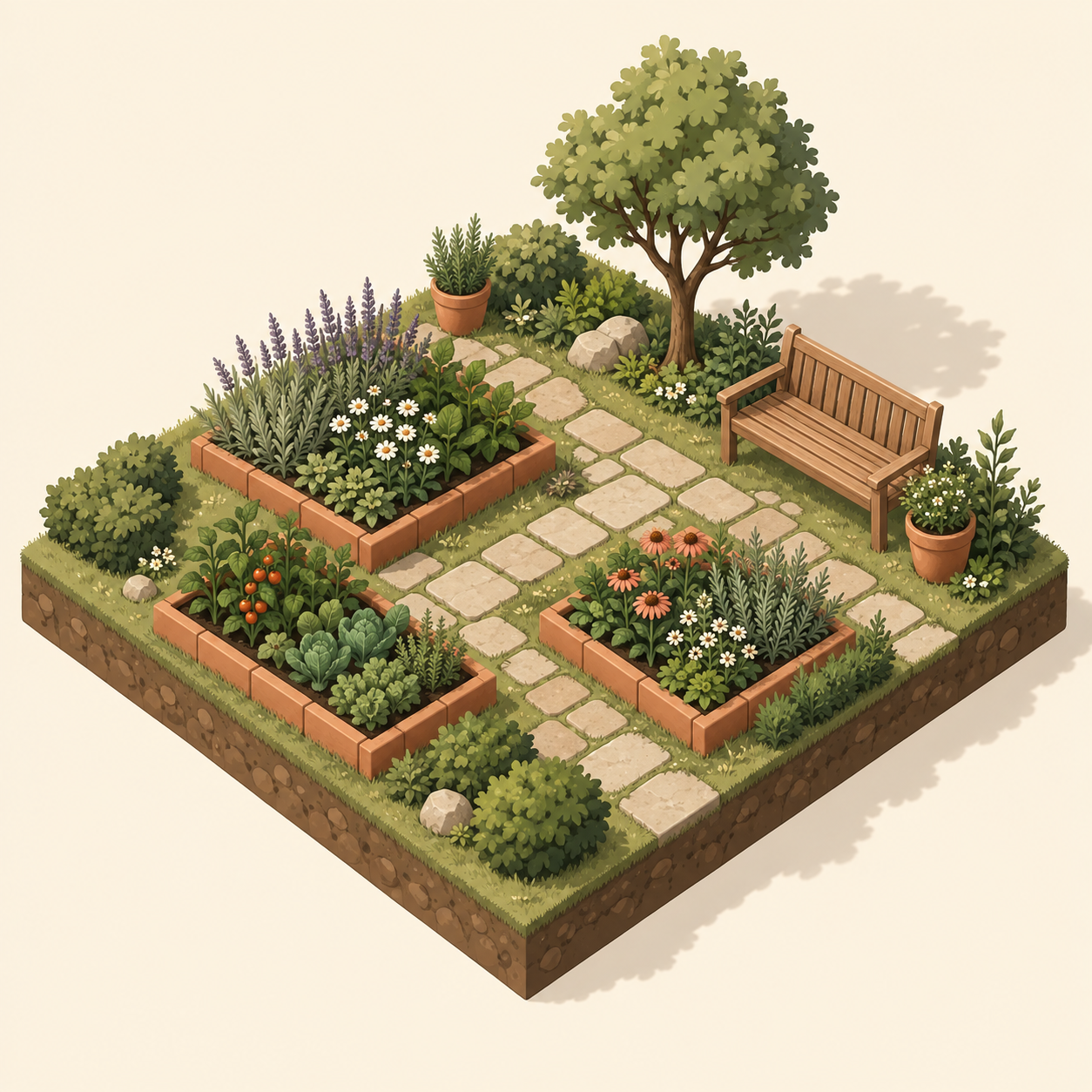 Jardim isométrico ilustrado com canteiros, caminhos e um banco.
