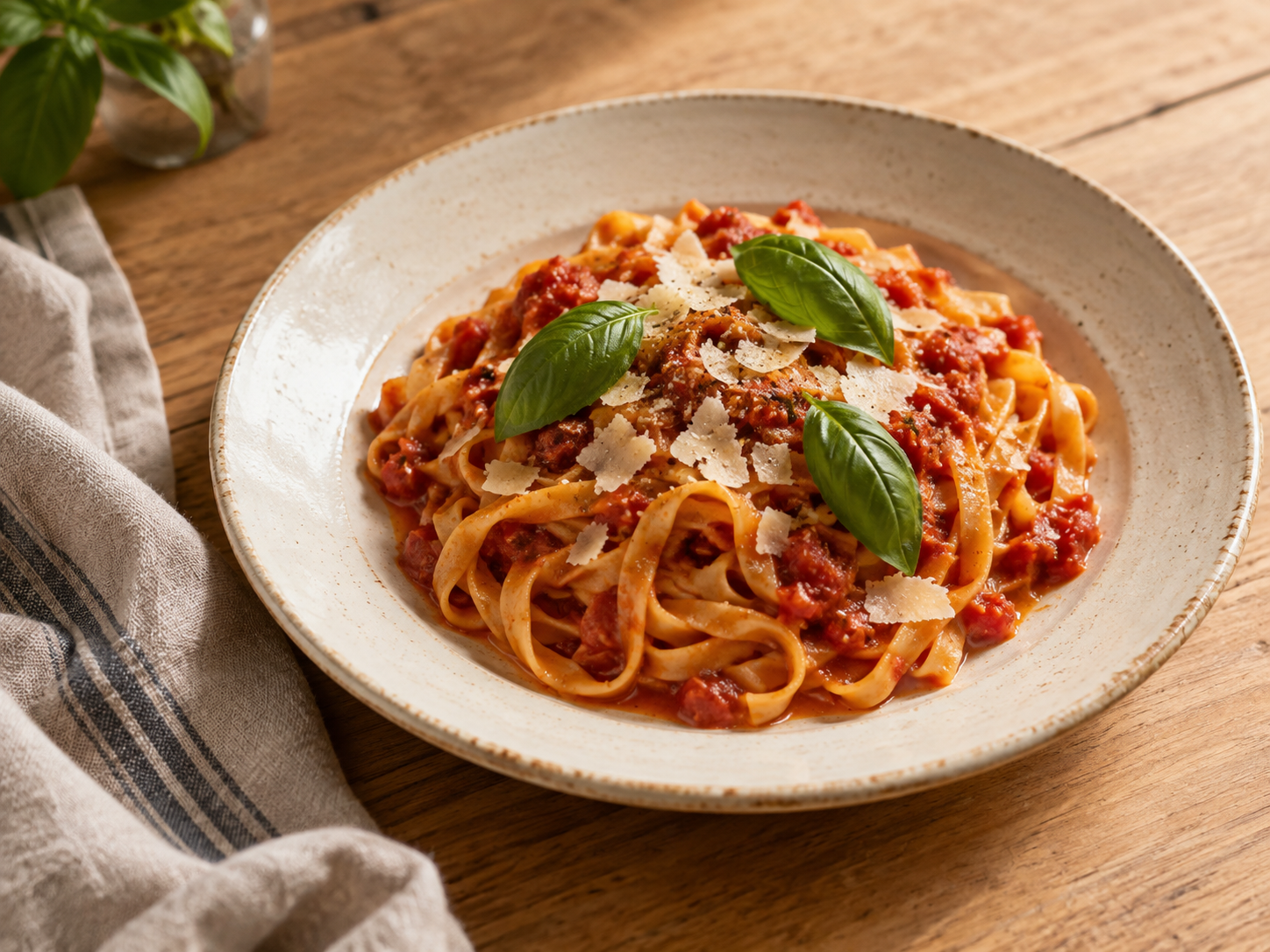 Prato de massa com molho de tomate e folhas de manjericão.