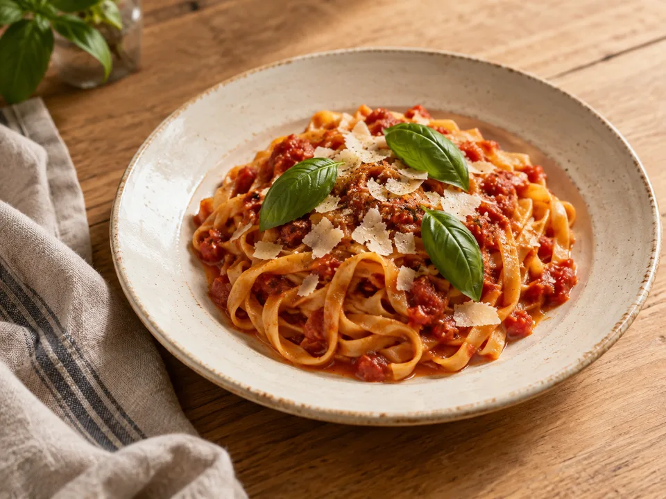 Prato de massa com molho de tomate e folhas de manjericão.