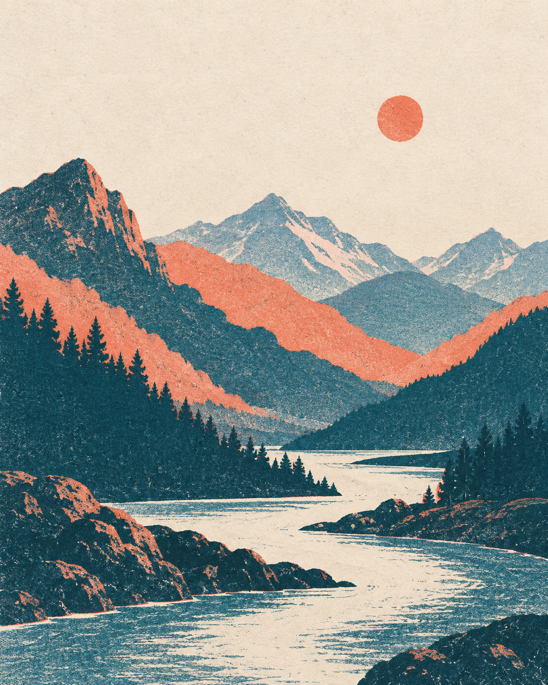 Montanhas e sol em uma ilustração com textura de risografia.