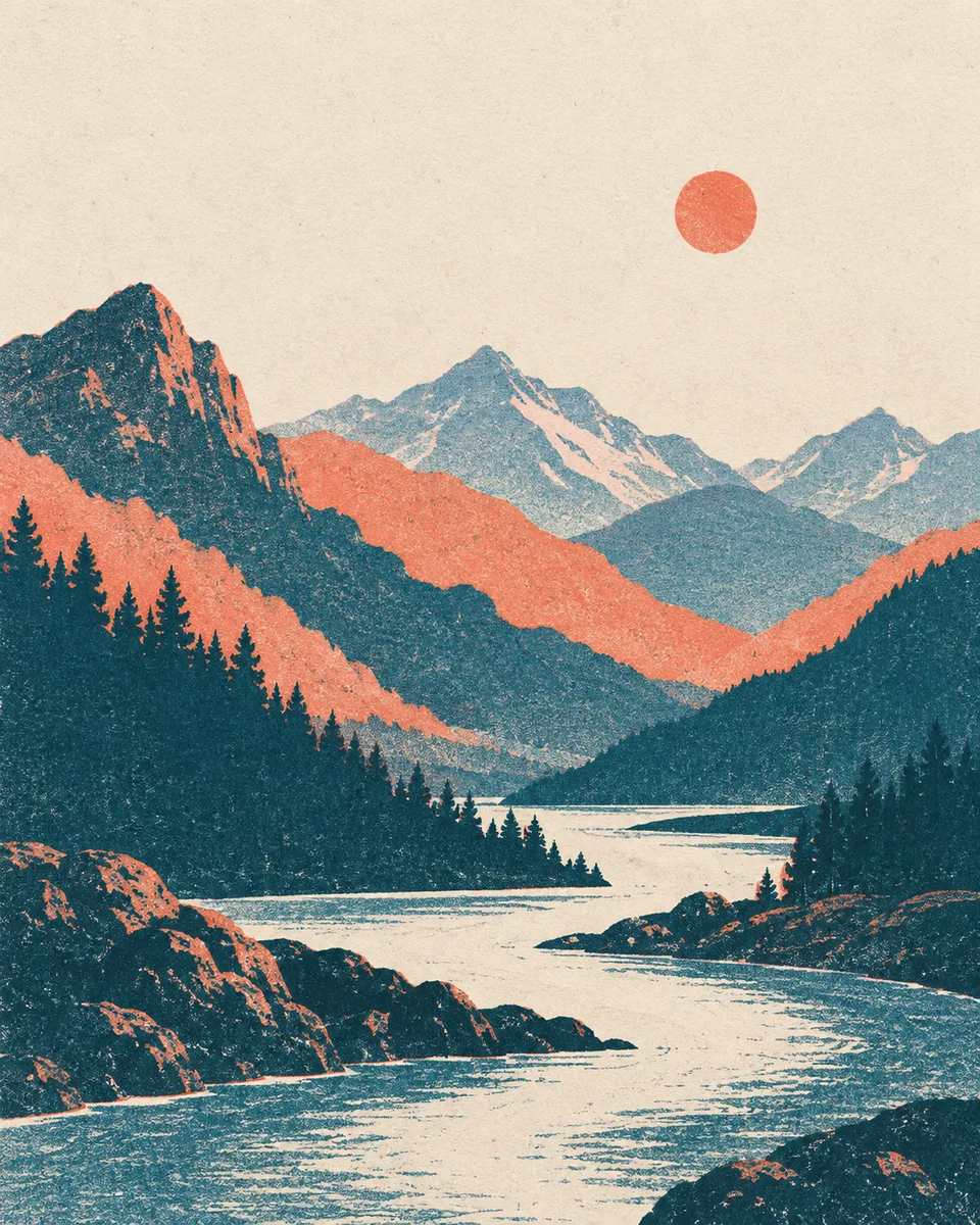 Montanhas e sol em uma ilustração com textura de risografia.