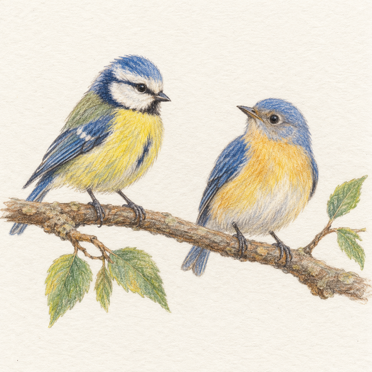Dois pássaros pequenos desenhados em lápis de cor sobre um galho.