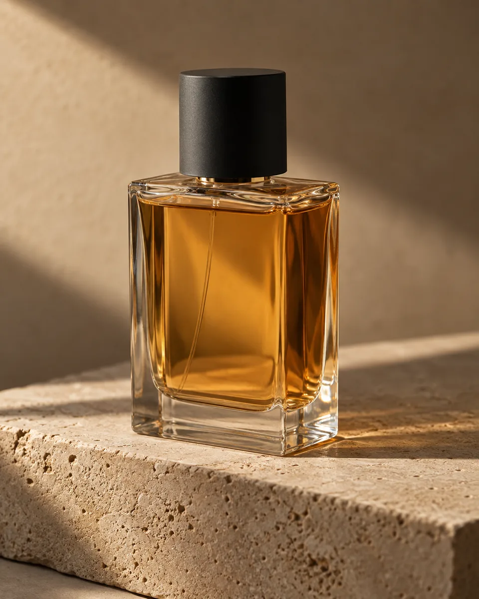Frasco de perfume âmbar sobre um bloco de pedra bege.
