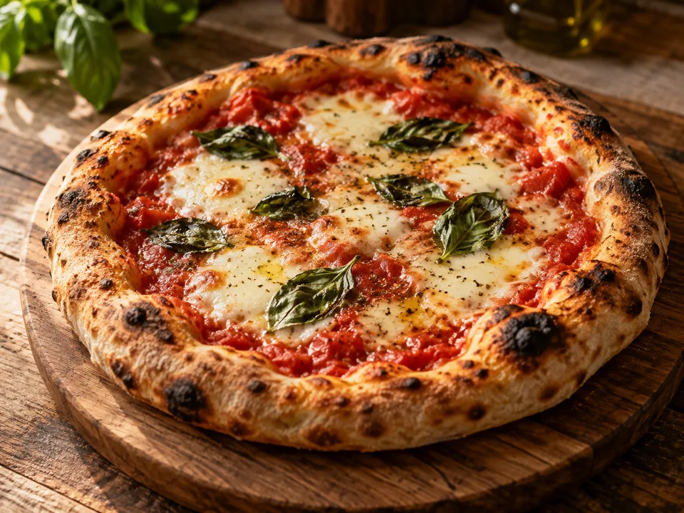 Pizza de tomate, queijo e manjericão sobre uma tábua de madeira.