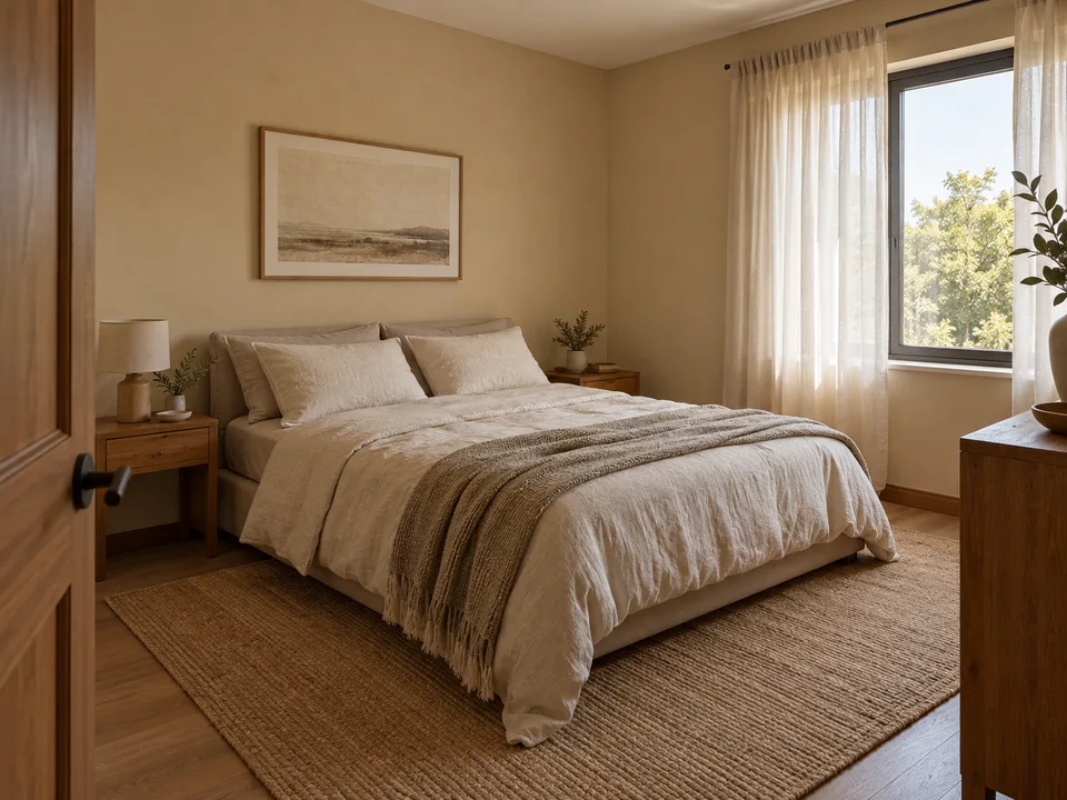 Quarto de paredes areia com cama de linho e mesas laterais de madeira.